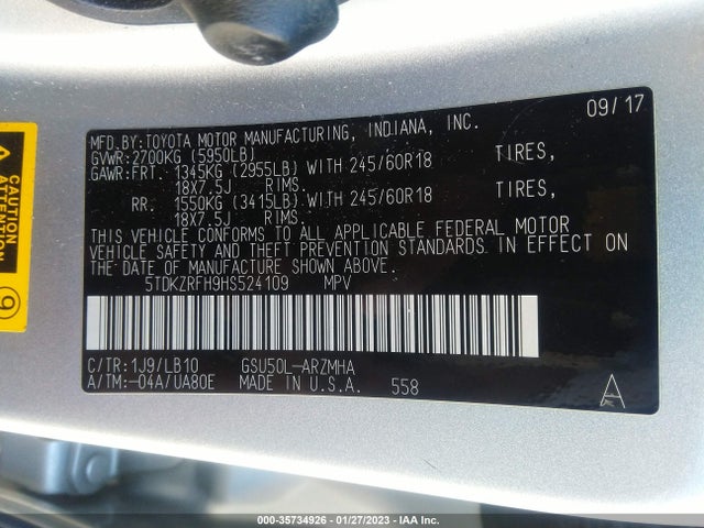 2017 TOYOTA HIGHLANDER XLE/SE VIN: 5TDKZRFH9HS524109