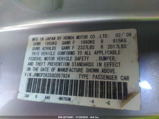 2008 HONDA ACCORD SDN LX VIN: JHMCP26358C057924