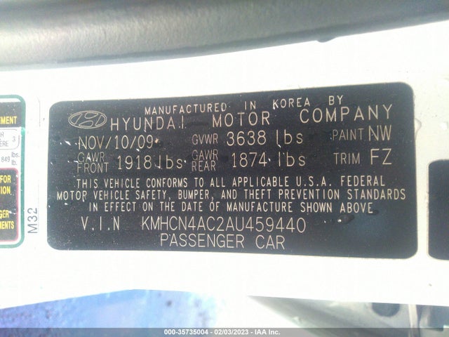 2010 HYUNDAI ACCENT GLS VIN: KMHCN4AC2AU459440