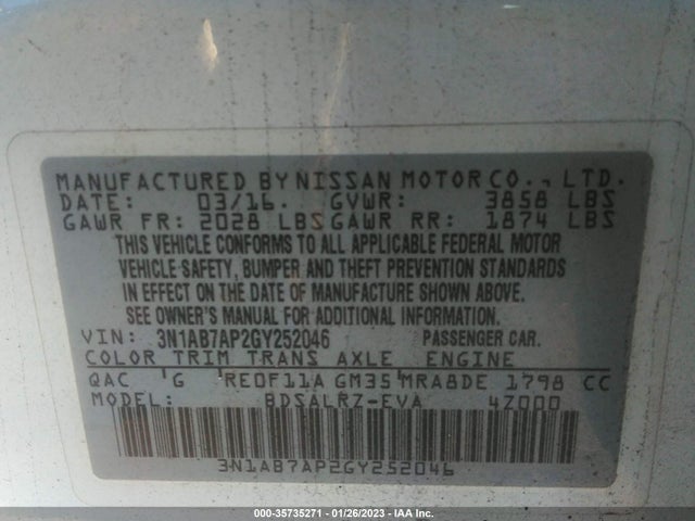 2016 Nissan Sentra, VIN: 3N1AB7AP2GY252046