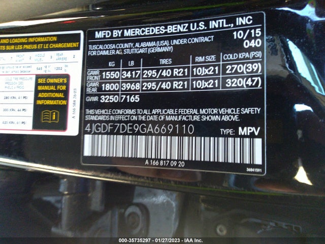2016 Mercedes-Benz GL-Class, VIN: 4JGDF7DE9GA669110