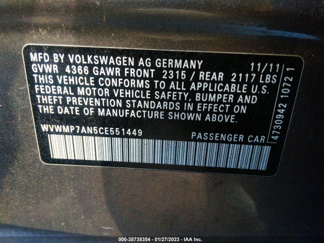WVWMP7AN5CE551449 Volkswagen Cc Sport Pzev