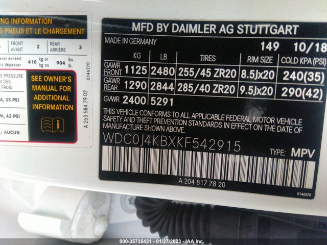 WDC0J4KBXKF542915 Mercedes-Benz m274