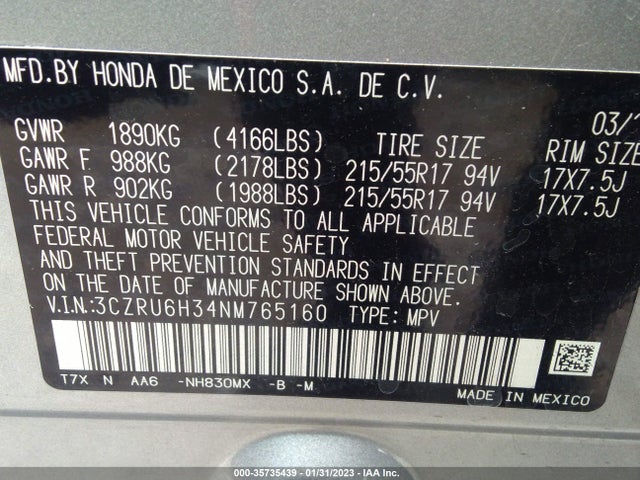 2022 HONDA HR-V LX VIN: 3CZRU6H34NM765160