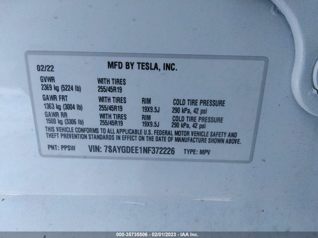 Tesla Model Y Long Range 2022 7SAYGDEE1NF372226 Image 9