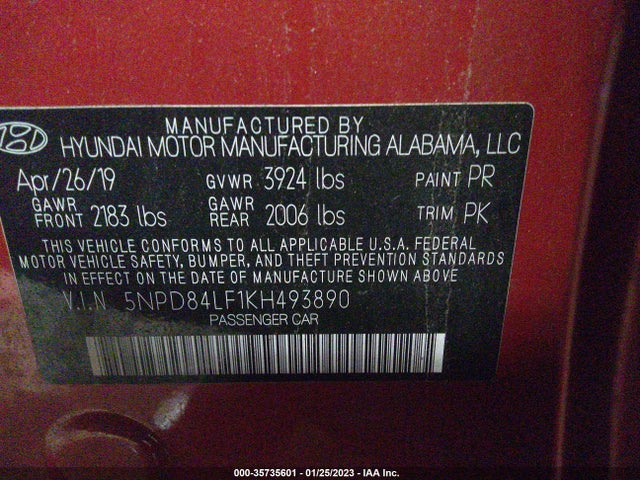 2019 HYUNDAI ELANTRA SEL VIN: 5NPD84LF1KH493890