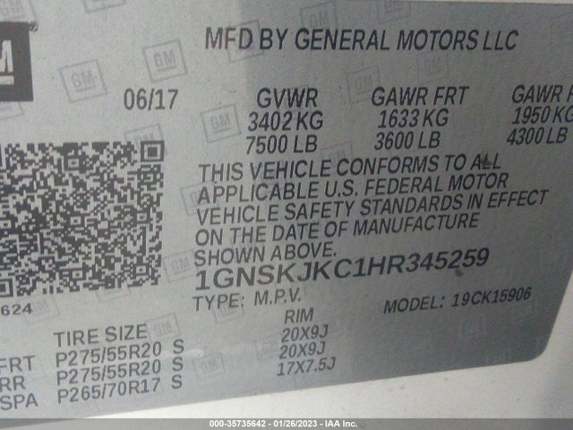 2017 Chevrolet Suburban, VIN: 1GNSKJKC1HR345259