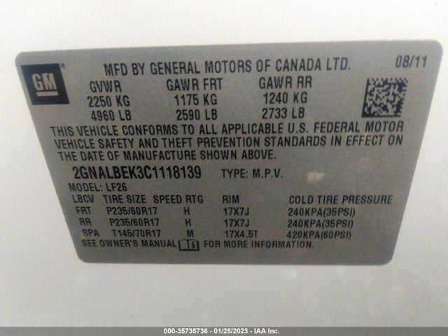 2012 CHEVROLET EQUINOX LS VIN: 2GNALBEK3C1118139