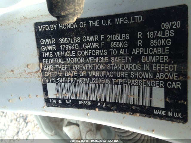 Honda Civic Hatchback Ex 2021 SHHFK7H63MU202505 Image 9