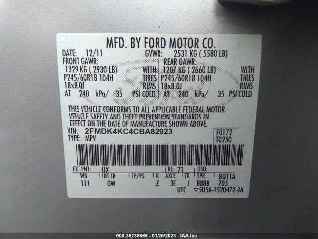 2012 FORD EDGE LIMITED VIN: 2FMDK4KC4CBA82923