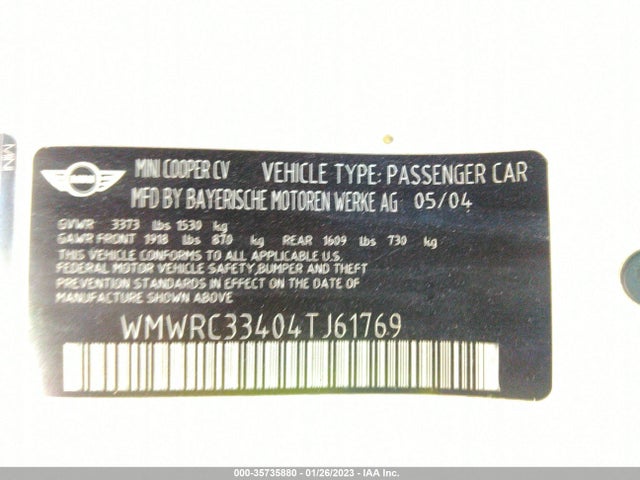 WMWRC33404TJ61769 Mini COOPER HARDTOP