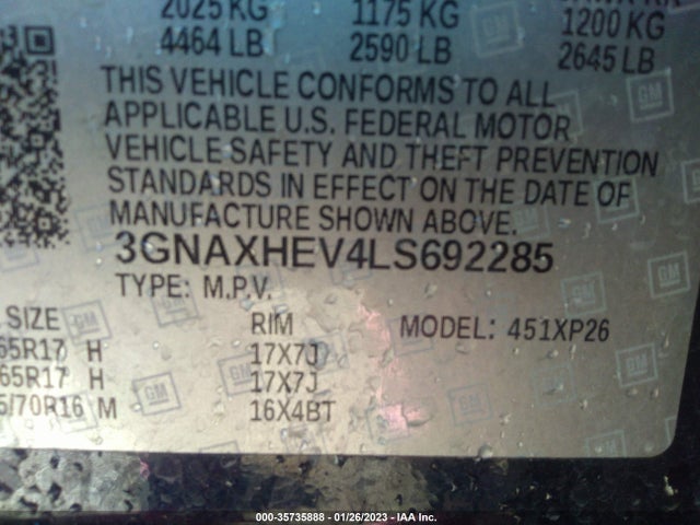 2020 CHEVROLET EQUINOX LS VIN: 3GNAXHEV4LS692285