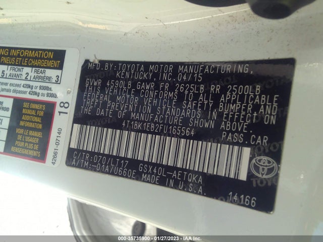 2015 TOYOTA AVALON LIMITED VIN: 4T1BK1EB2FU165564