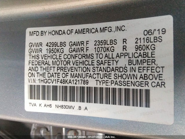 2019 HONDA ACCORD SEDAN EX 1.5T VIN: 1HGCV1F48KA121789
