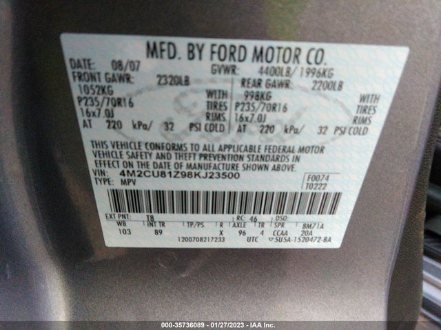 2008 MERCURY MARINER VIN: 4M2CU81Z98KJ23500