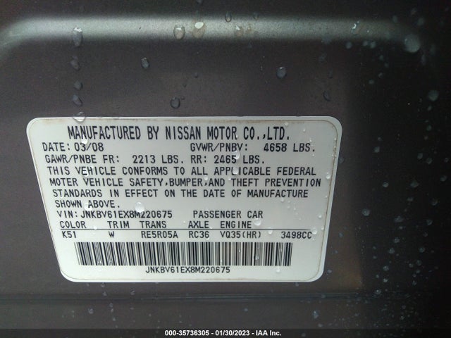 2008 INFINITI G35 SEDAN JOURNEY VIN: JNKBV61EX8M220675