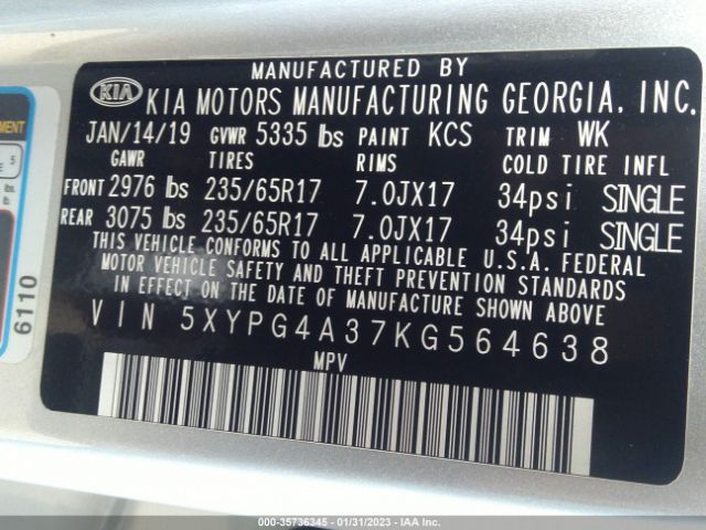 5XYPG4A37KG564638 KIA SORENTO LX