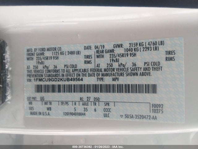 2019 Ford Escape, VIN: 1FMCU9GD2KUB49564