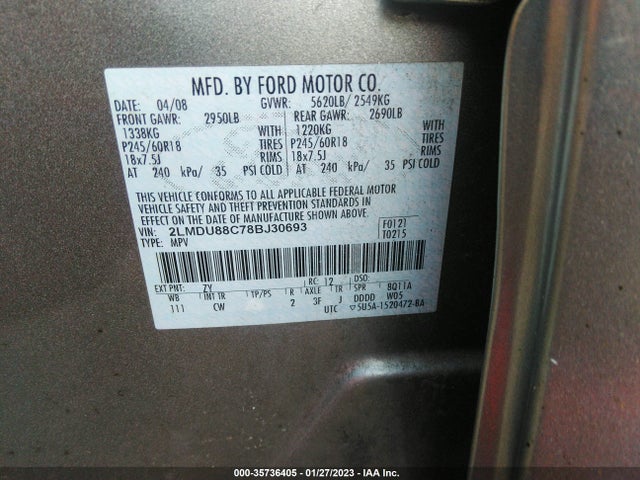 2008 LINCOLN MKX VIN: 2LMDU88C78BJ30693