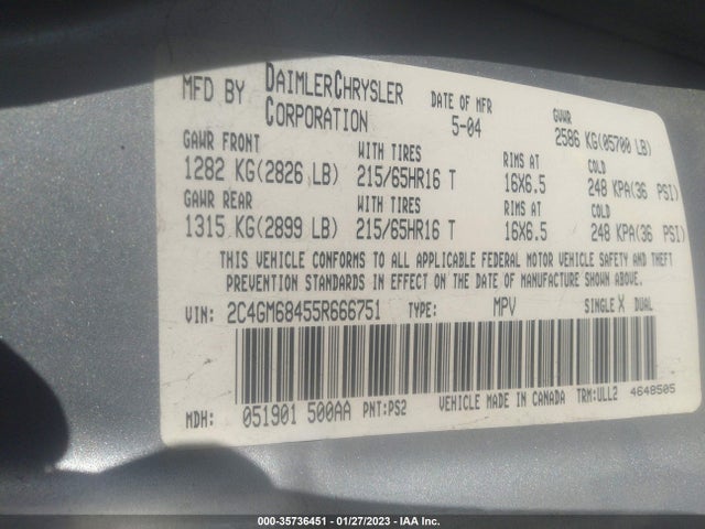 2005 CHRYSLER PACIFICA TOURING VIN: 2C4GM68455R666751