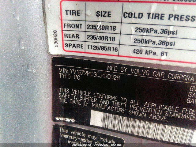 2012 VOLVO C70 T5 VIN: YV1672MC3CJ130028