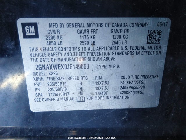 2018 CHEVROLET EQUINOX PREMIER VIN: 2GNAXWEX0J6149663