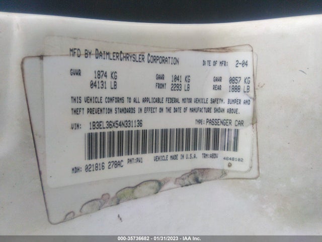 2004 DODGE STRATUS SE VIN: 1B3EL36X54N331136