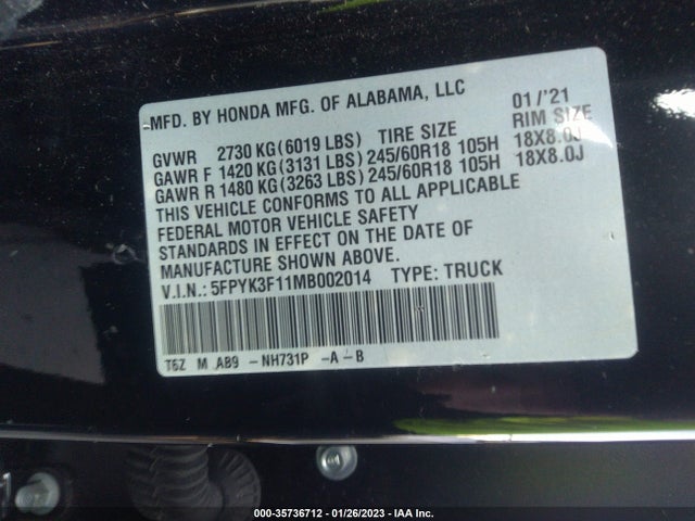 2021 Honda Ridgeline, VIN: 5FPYK3F11MB002014
