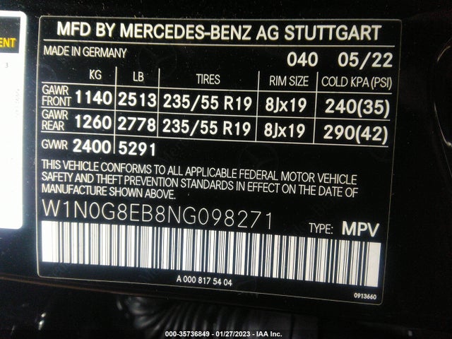 2022 Mercedes-Benz GLC-Class, VIN: W1N0G8EB8NG098271
