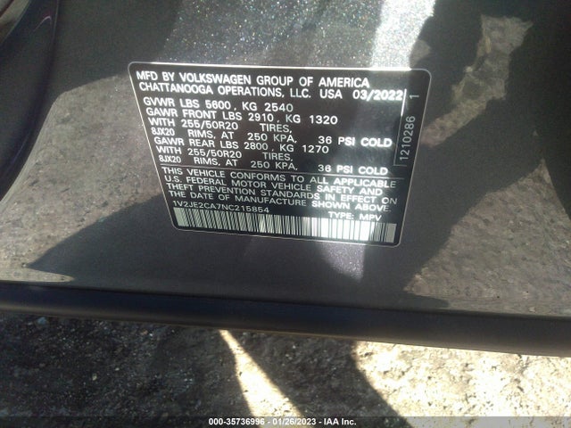 2022 Volkswagen Atlas, VIN: 1V2JE2CA7NC215854