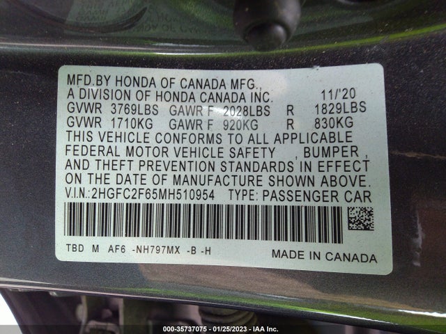 2021 HONDA CIVIC SEDAN LX VIN: 2HGFC2F65MH510954
