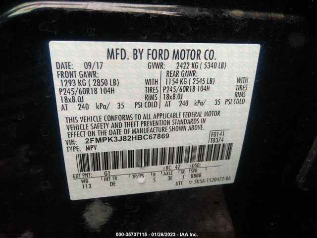 35737115 :رقم المزاد ، 2FMPK3J82HBC67869 vin ، 2017 Ford Edge Sel مزاد بيع