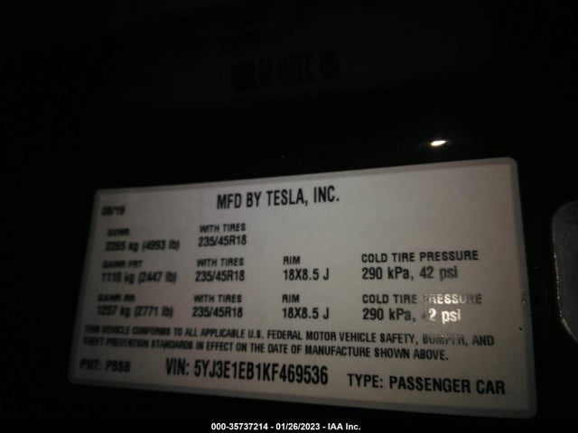 Tesla Model 3 Long Range/performance 2019 5YJ3E1EB1KF469536 Image 9