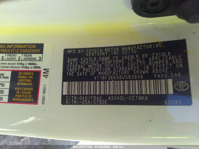 2011 TOYOTA CAMRY VIN: 4T1BF3EK6BU583846