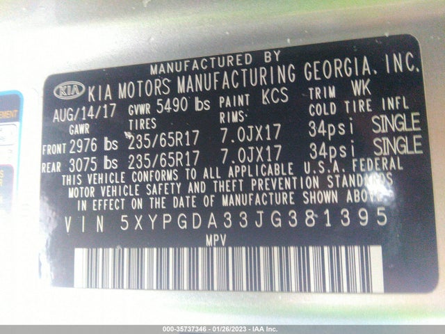 2018 Kia Sorento, VIN: 5XYPGDA33JG381395