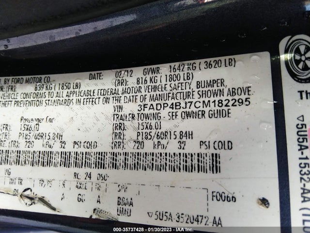 2012 FORD FIESTA SE VIN: 3FADP4BJ7CM182295