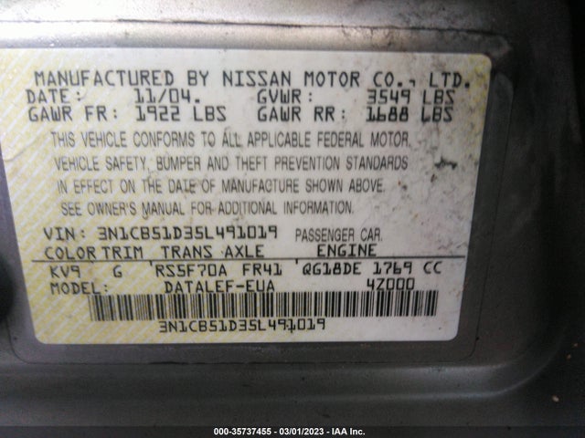 Nissan Sentra 1.8 S 2005 3N1CB51D35L491019 Image 11