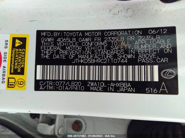 Lexus CT 200H 2012 JTHKD5BH9C2110744 Image 9