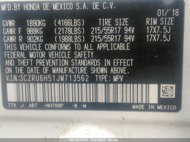 2018 HONDA HR-V EX VIN: 3CZRU6H51JM713562