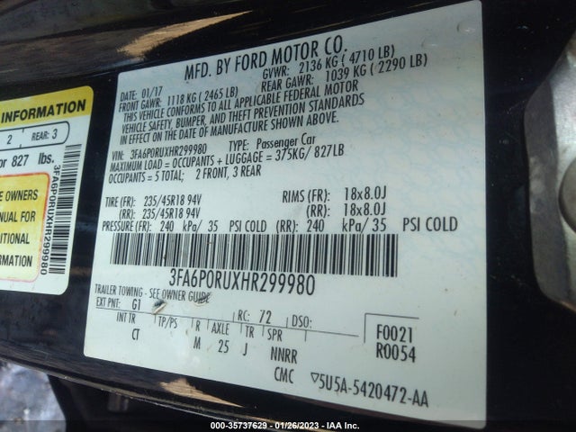 2017 FORD FUSION HYBRID TITANIUM VIN: 3FA6P0RUXHR299980