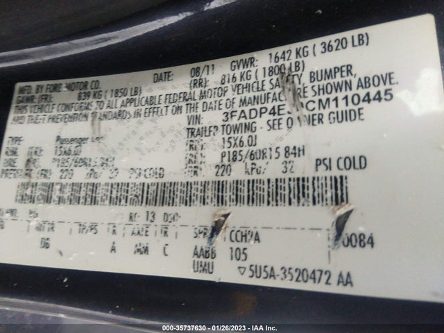 2012 FORD FIESTA SE VIN: 3FADP4EJ9CM110445