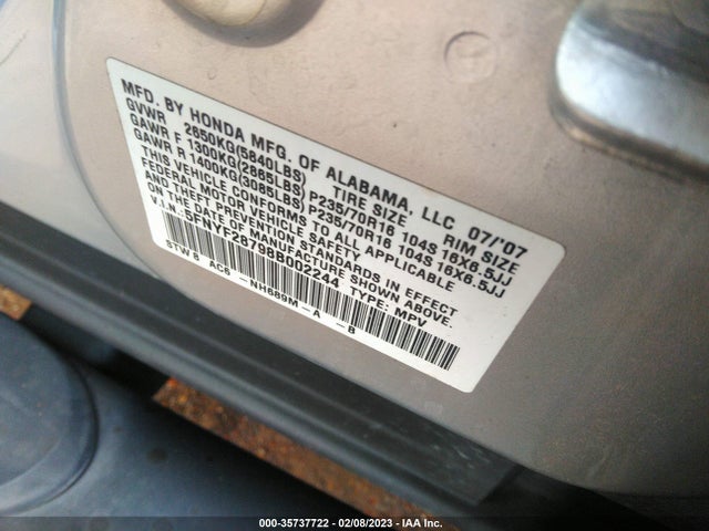 2008 HONDA PILOT EX-L VIN: 5FNYF28798B002244