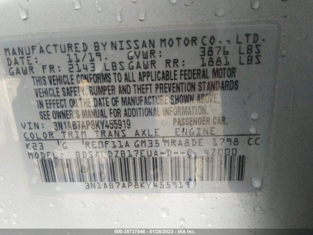2019 NISSAN SENTRA SV VIN: 3N1AB7AP8KY455919