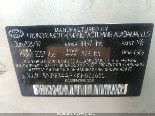 2019 HYUNDAI SONATA SEL VIN: 5NPE34AFXKH803685