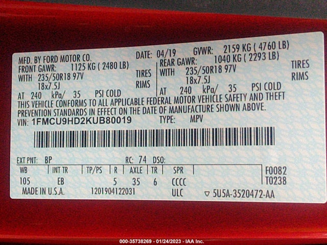 Ford ESCAPE SEL 2019 1FMCU9HD2KUB80019 Image 9