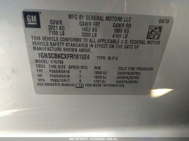 2015 Chevrolet Tahoe, VIN: 1GNSCBKCXFR161924