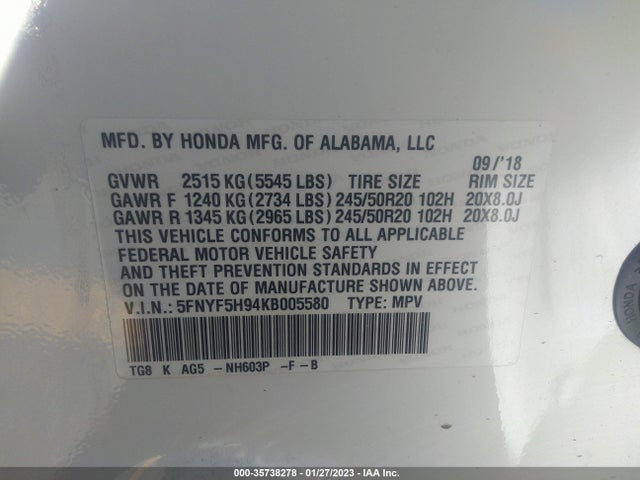 Honda Pilot Touring 8-passenger 2019 5FNYF5H94KB005580 Image 9