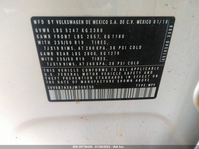 3VV5B7AX6JM109230 Volkswagen Tiguan Sel Premium