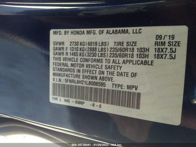 2020 Honda Odyssey, VIN: 5FNRL6H21LB006595