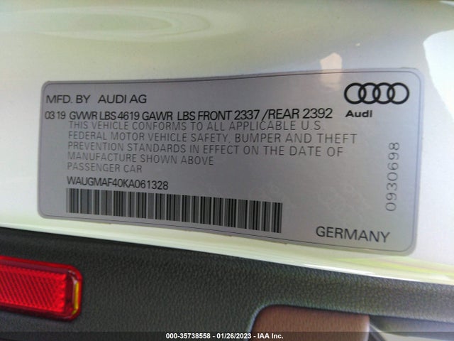 2019 Audi A4, VIN: WAUGMAF40KA061328